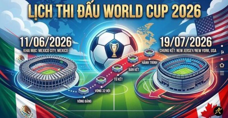 World Cup 2026 diễn ra từ ngày 11/06 đến 19/07/2026 với tổng cộng 104 trận đấu. 